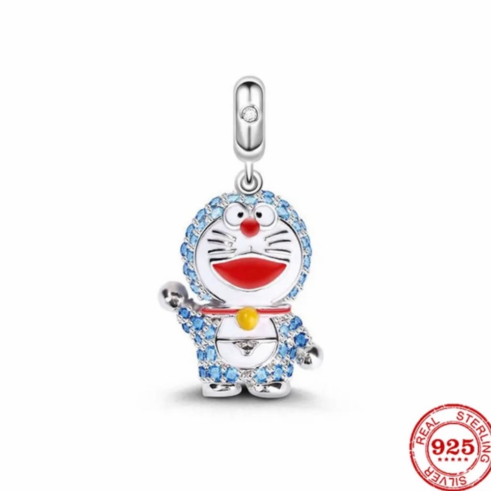 NWOT Doraemon "Stand By Me" Blue Kitty Cat Dangle Charm Pendant w/ CZ Silver